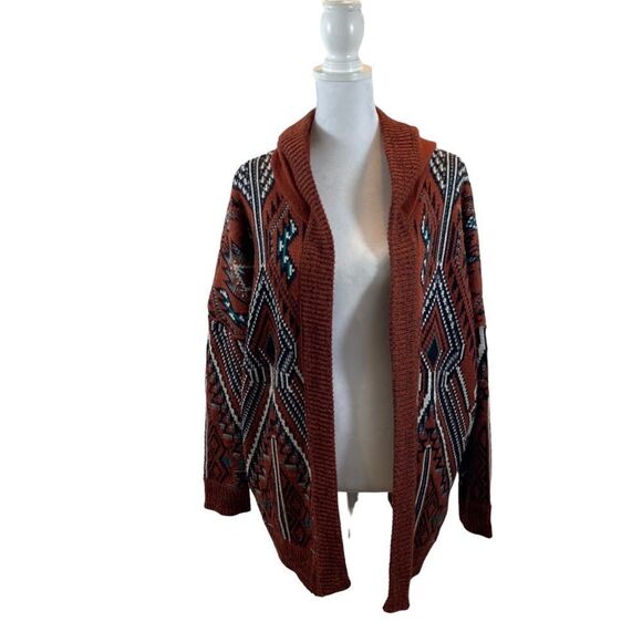 Ecote BrandTribal Print Rust Color Hooded Open Front Cardigan Sweater Size Small - Picture 5 of 11